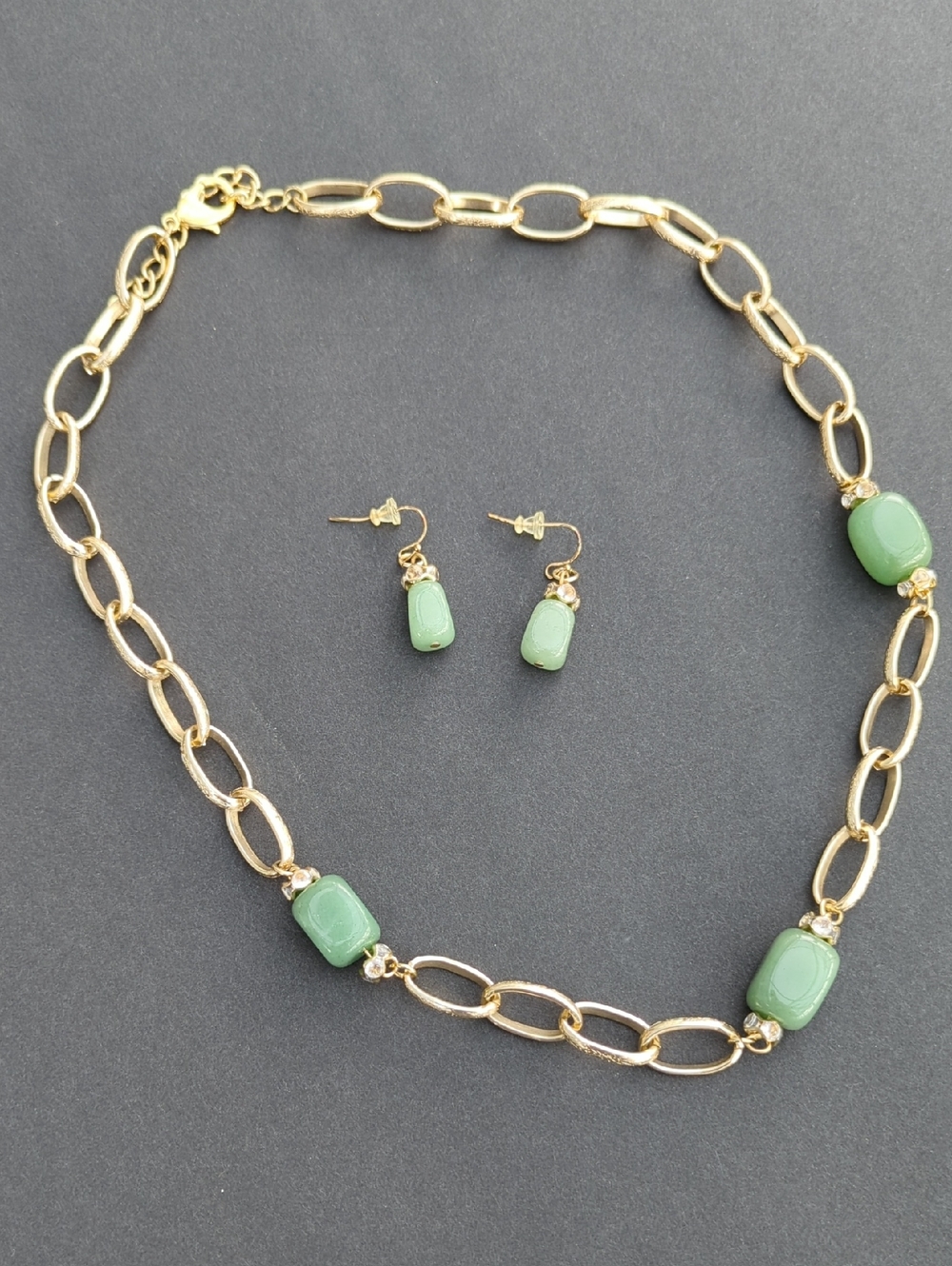 Gold Chain Necklace & Earrings Set with Green Stone Accents